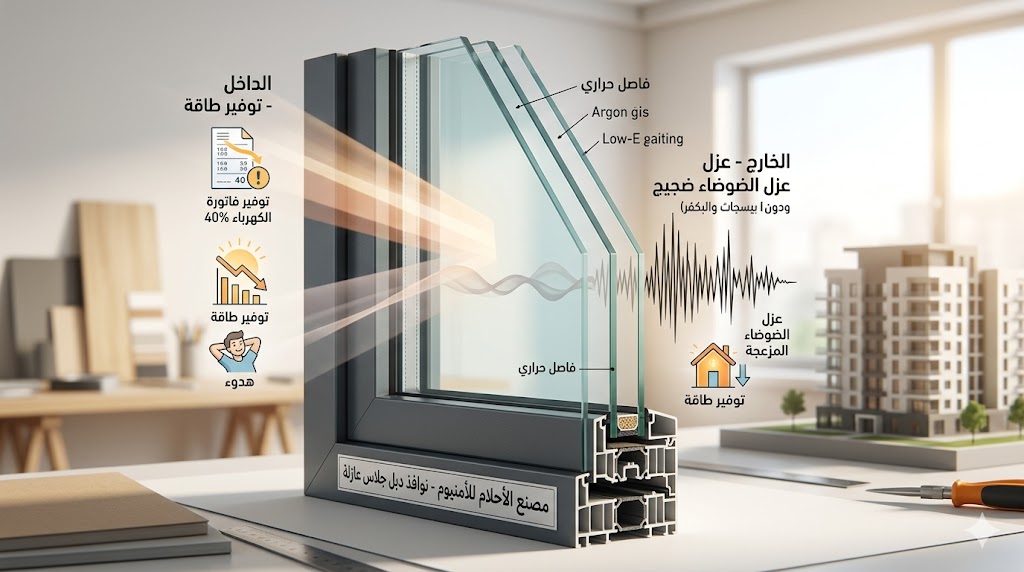 فوائد الدبل جلاس: كيف توفر نوافذ مصنع الأحلام فاتورة الكهرباء وتعزل الضجيج في الرياض